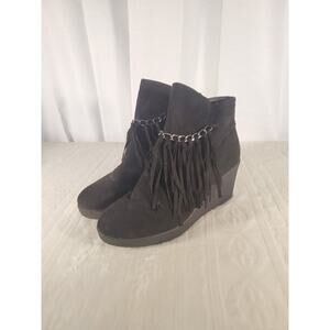 Pierre Dumas Candy Black Suede Short Fringe Wedge Ankle Booties Western Boho 7.5